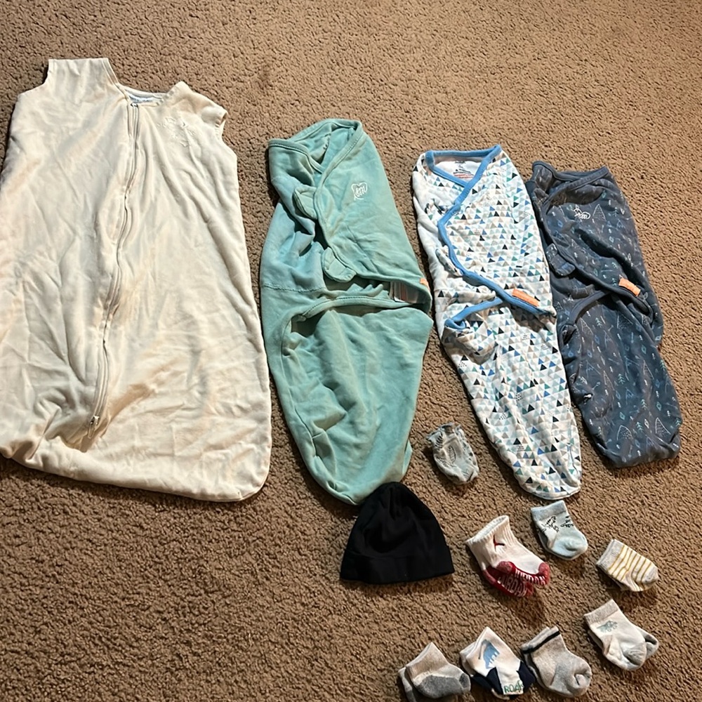 Baby sleep sacks, wraps, socks
